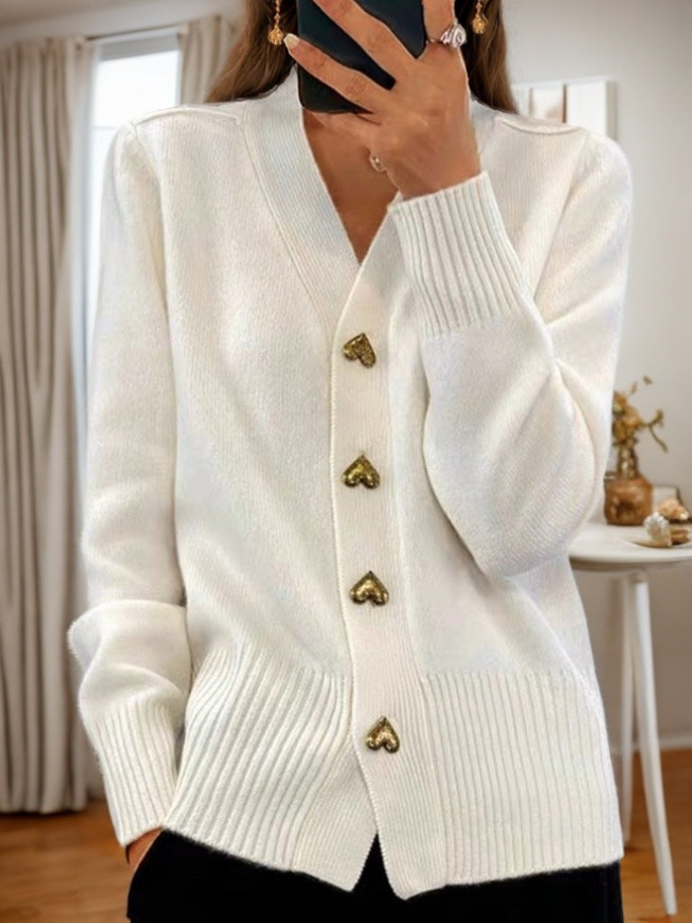 New Autumn & Winter Solid Color Long Sleeve V-Neck Knitted Cardigan