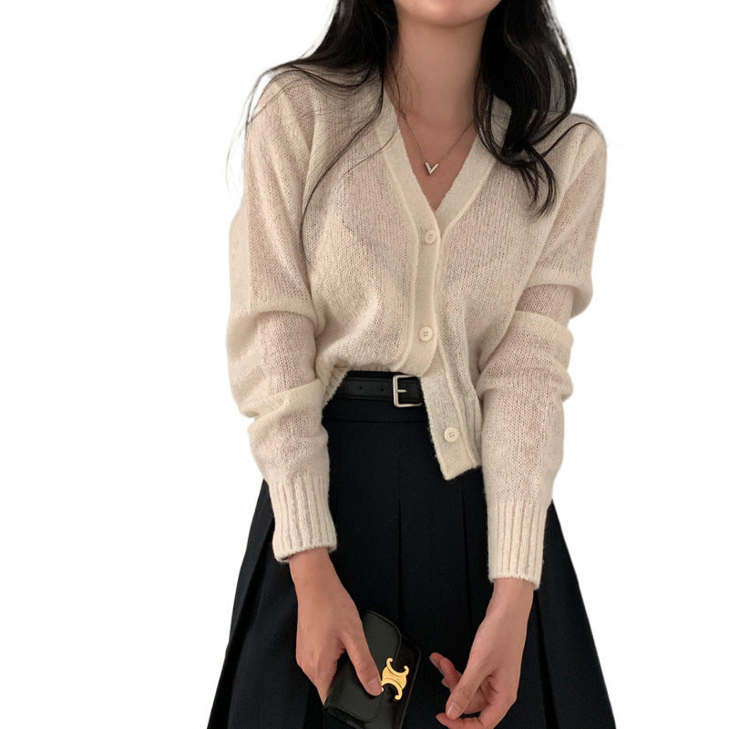 Simple All-Match V-Neck Single-Breasted Sweater Coat for Women