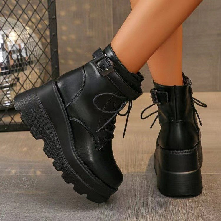 Cosplay Comic Show Boots – 95cm Height-Increasing Platform Wedge Black Slimming Martin Booties