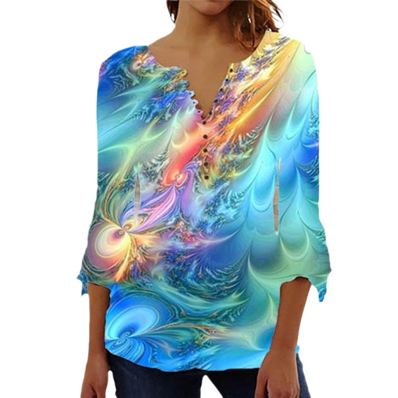 Women's 3d Digital Printing Button T-shirt Top