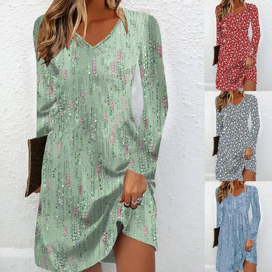 European and American Long-Sleeve Dress with Digital Print Design