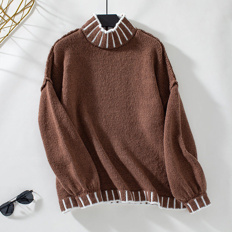 Loose-Fit Retro Color-Blocked Turtleneck Pullover Sweater