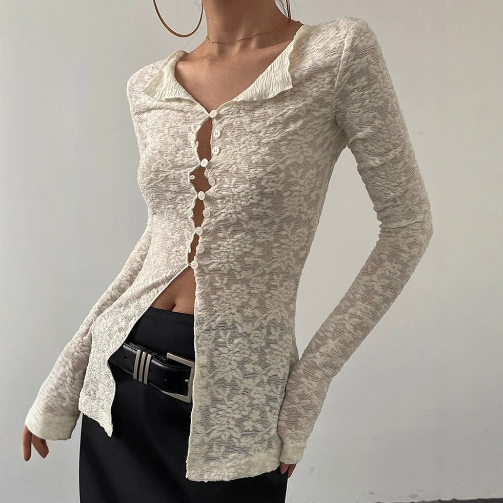 Stylish Sheer Lace Long-Sleeve Lightweight Cardigan T-Shirt