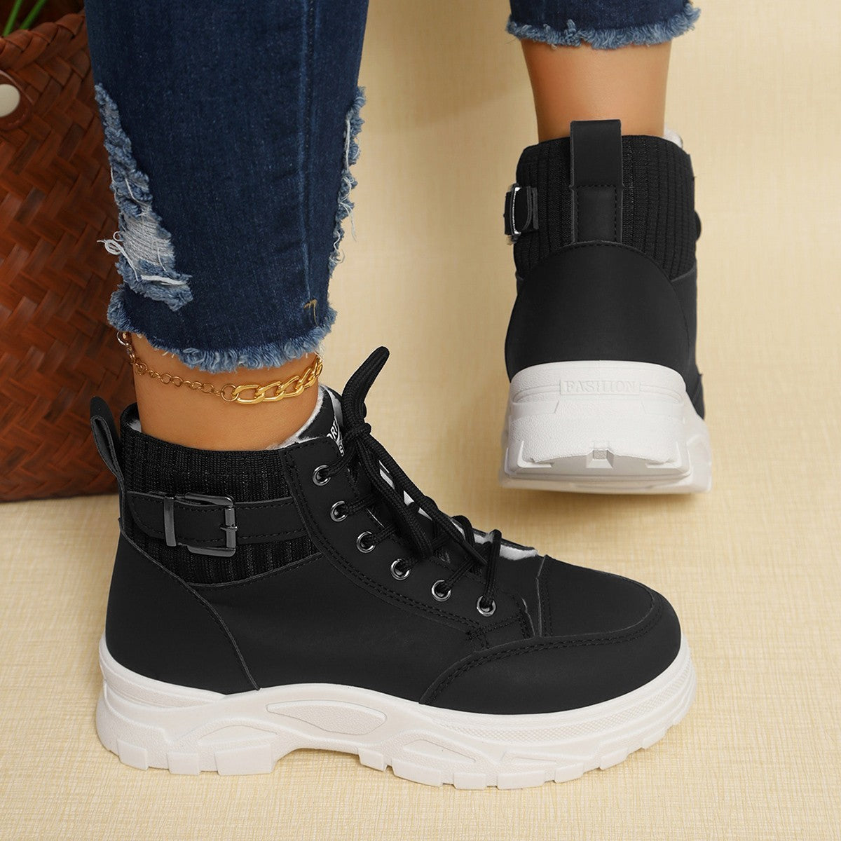 Cozy Plus Size Fleece-Lined High-Top Platform Boots for Women