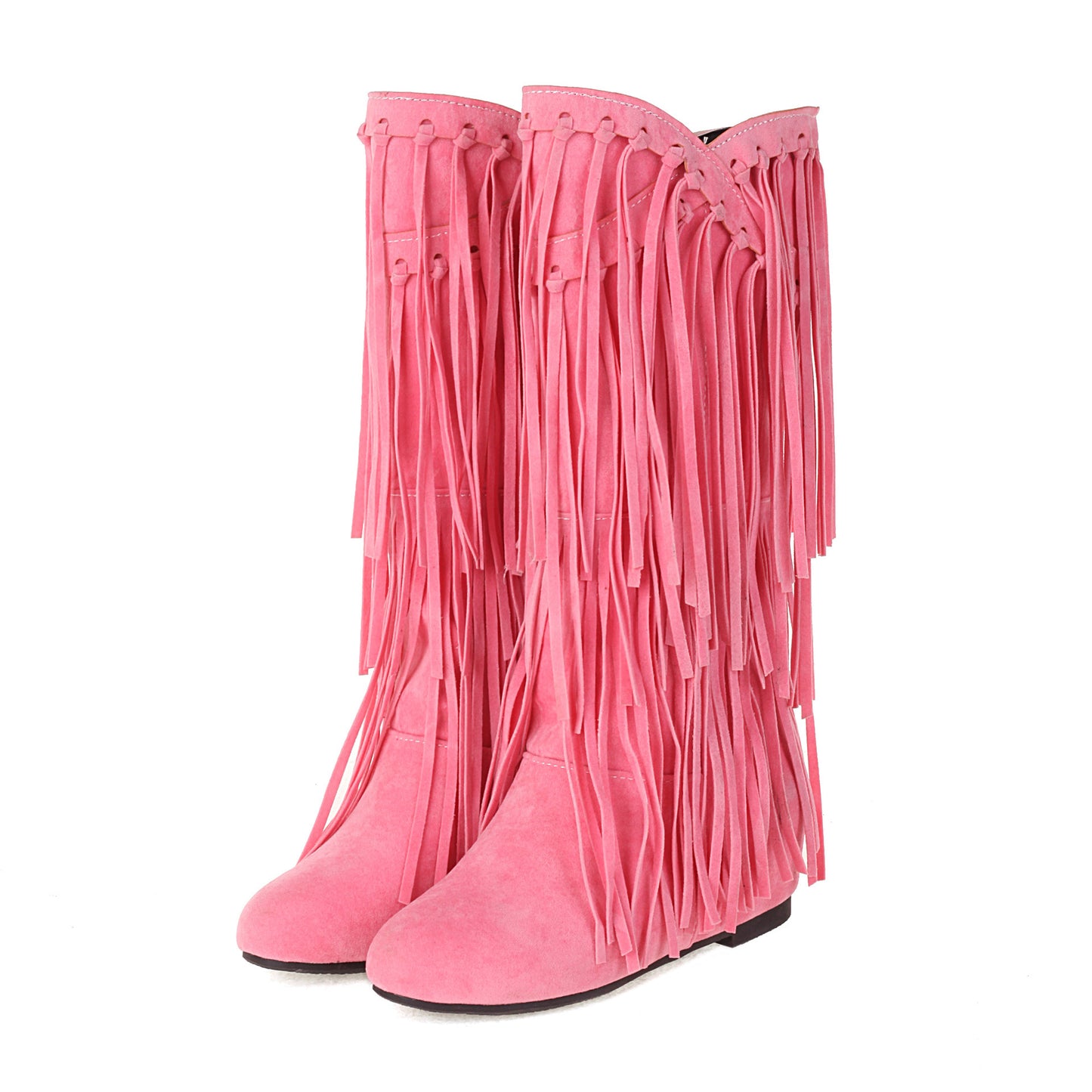 Autumn and Winter Tassel Round Toe Invisible Elevated Casual High Leg Boots for Women