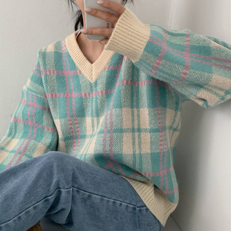 Retro Loose Plaid Striped V-neck Pullover Knitwear Top with Bandage Detail