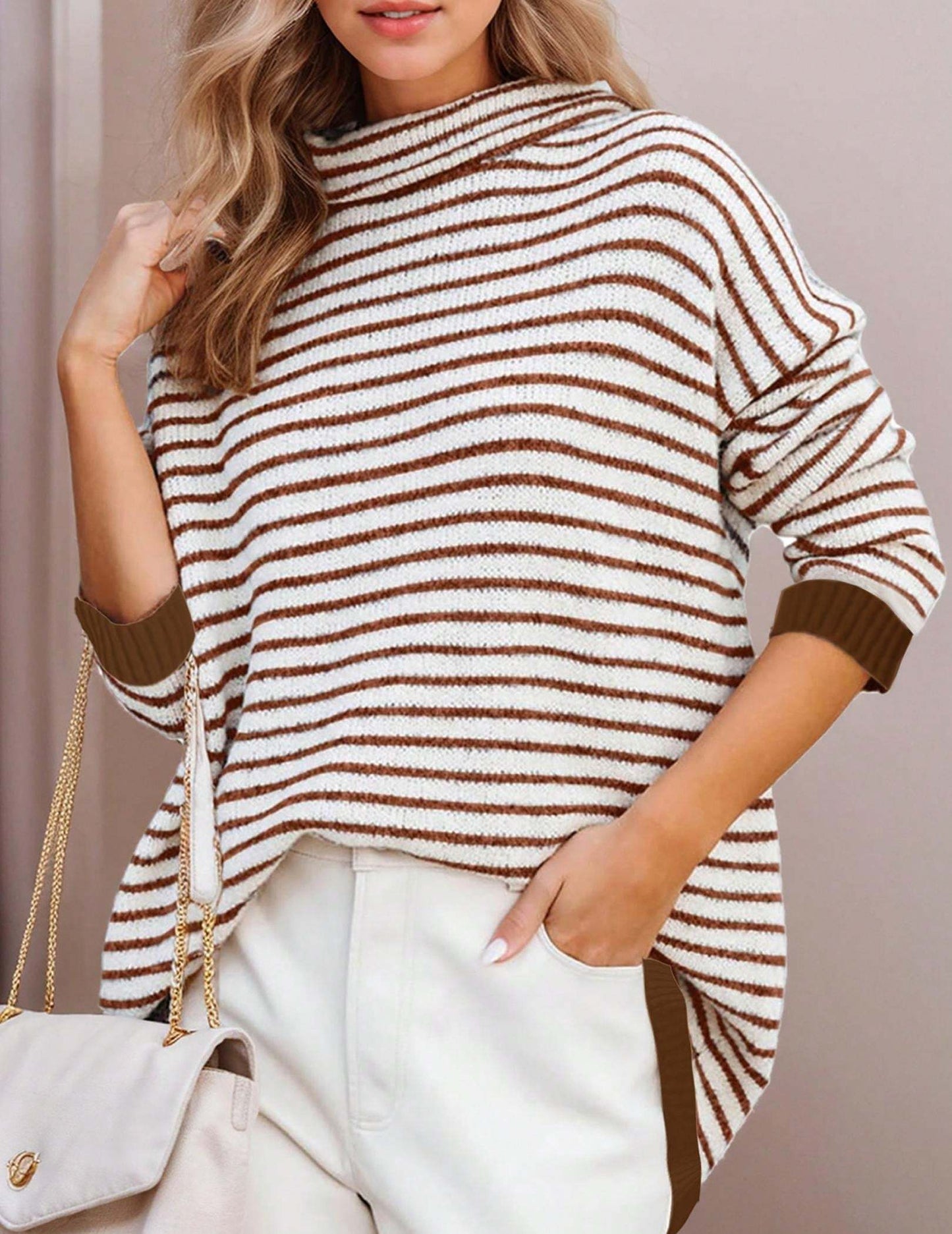 Hoteel Oversized Striped Turtleneck Sweater for Women – Long Sleeve Knit Tunic Jumper Top for Fall