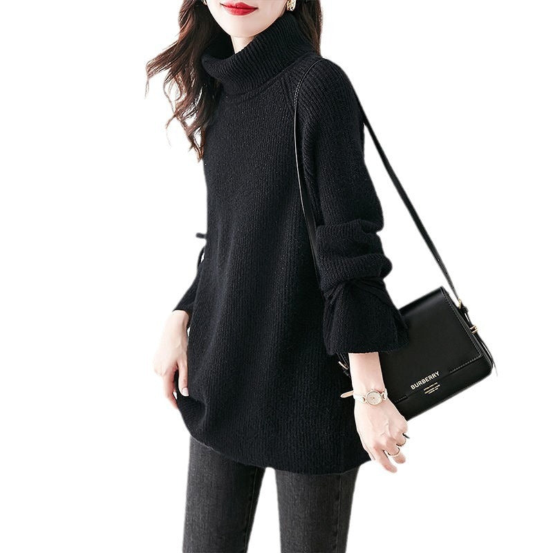 Chic High Collar Lace-up Loose Mid-length Slimming Sweater for Women