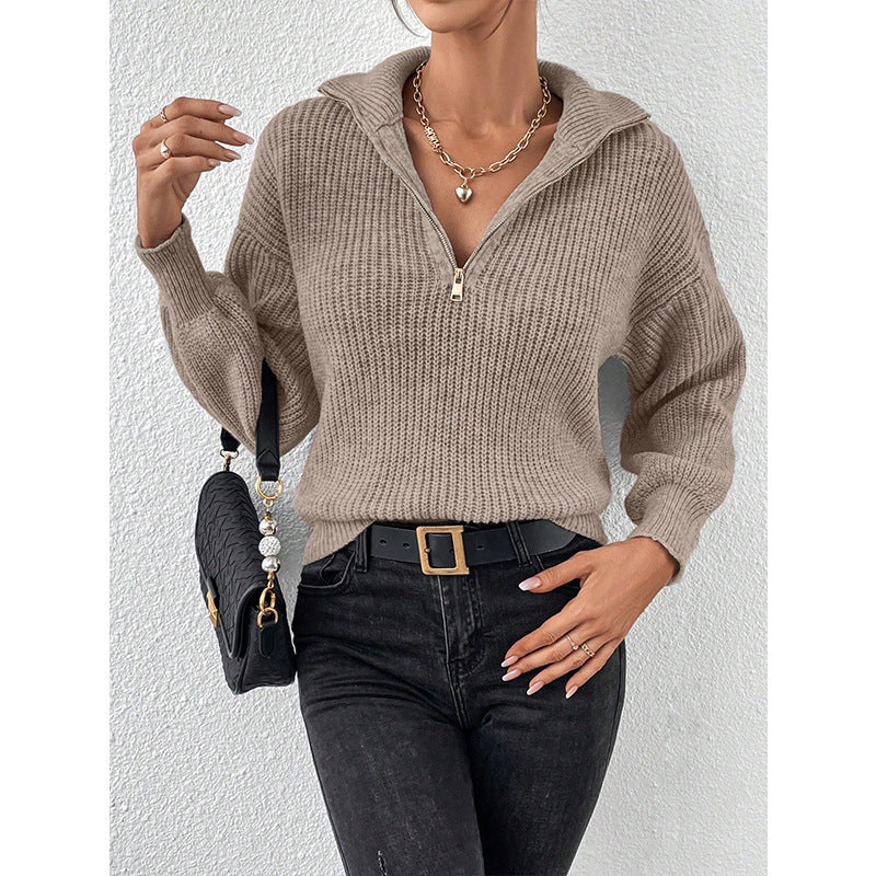 Women's Solid Color Zipper Pullover Loose-Fit Casual Long Sleeve Sweater