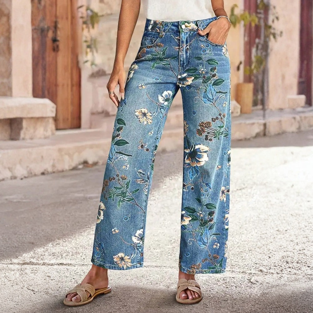 Women's Boho Floral Print Wide Leg Jeans, Denim With All-Over Flower Pattern, Casual Summer Pants