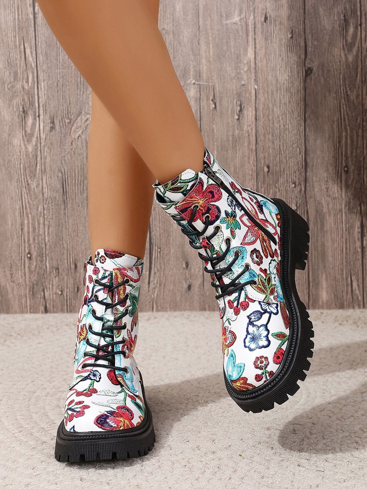 Women's Multicolor Printed Flat Low-Heel Martin Boots