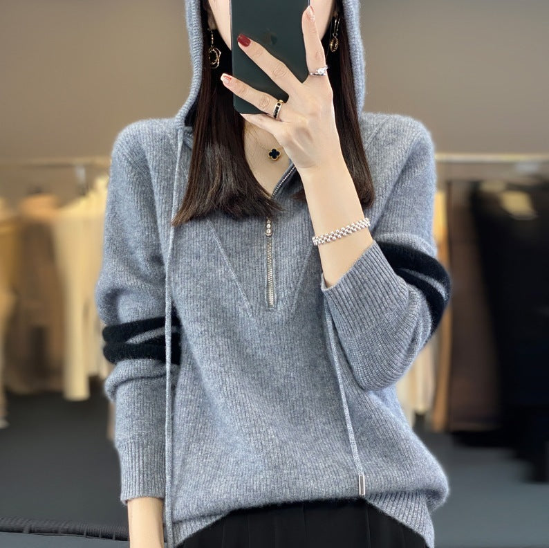 Hooded Zipper Knit Sweater for Women - Thickened, Color-Block Design