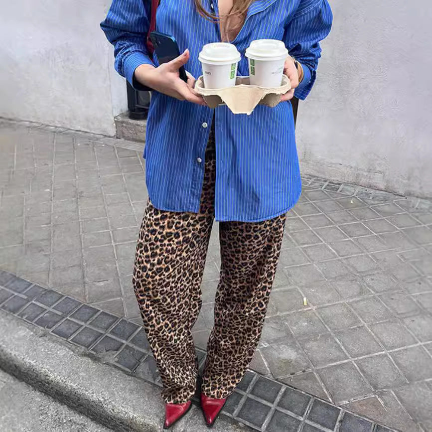 Leopard Print High-Waist Loose-Fit Elegant Casual Pants