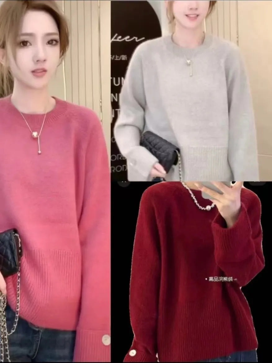 Round Neck Thick Knit Sweater Loose-Fit Base Layer Top