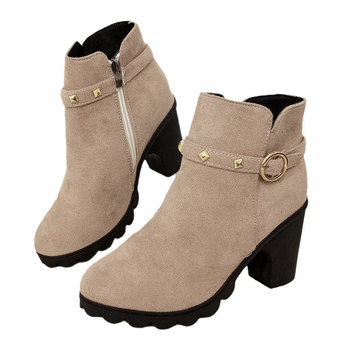 High Heel Women's Chunky Heel Round Toe Ankle Boots with Side Zipper