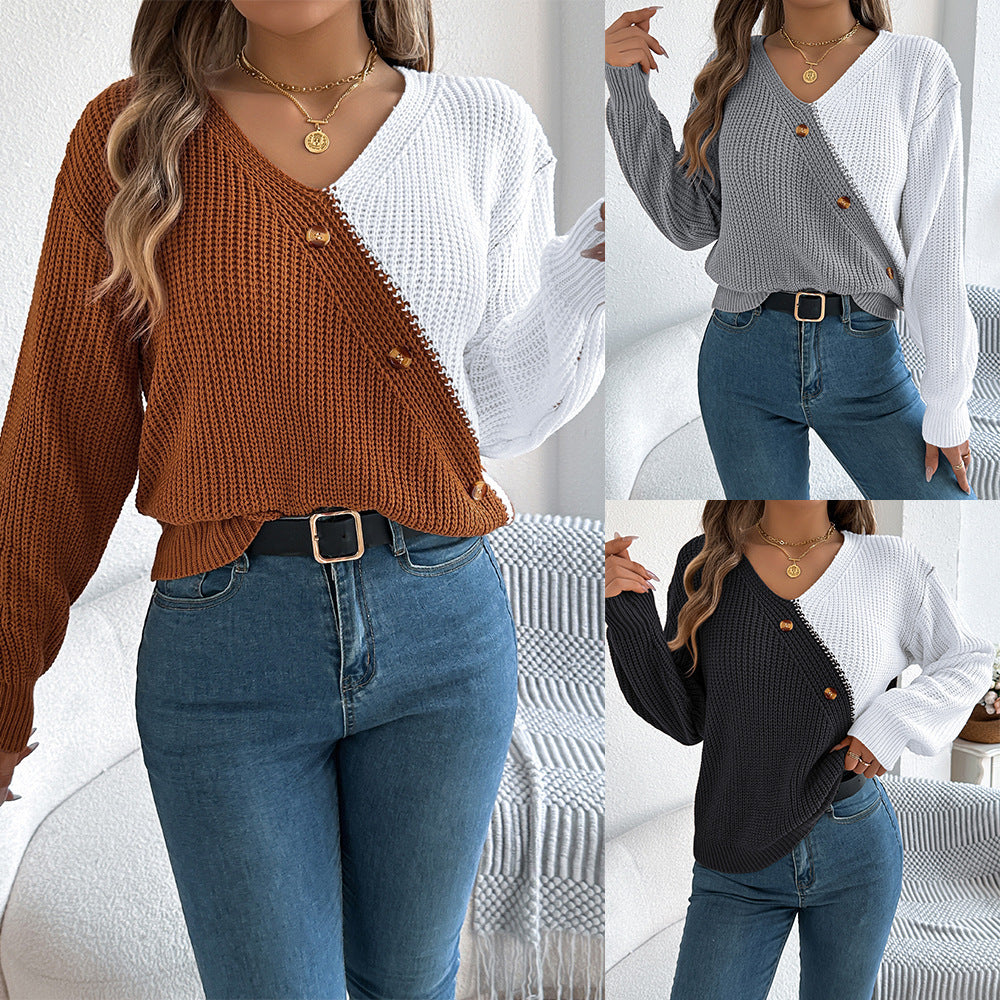 Casual V-Neck Button-Down Contrast Color Lantern Sleeve Pullover Sweater