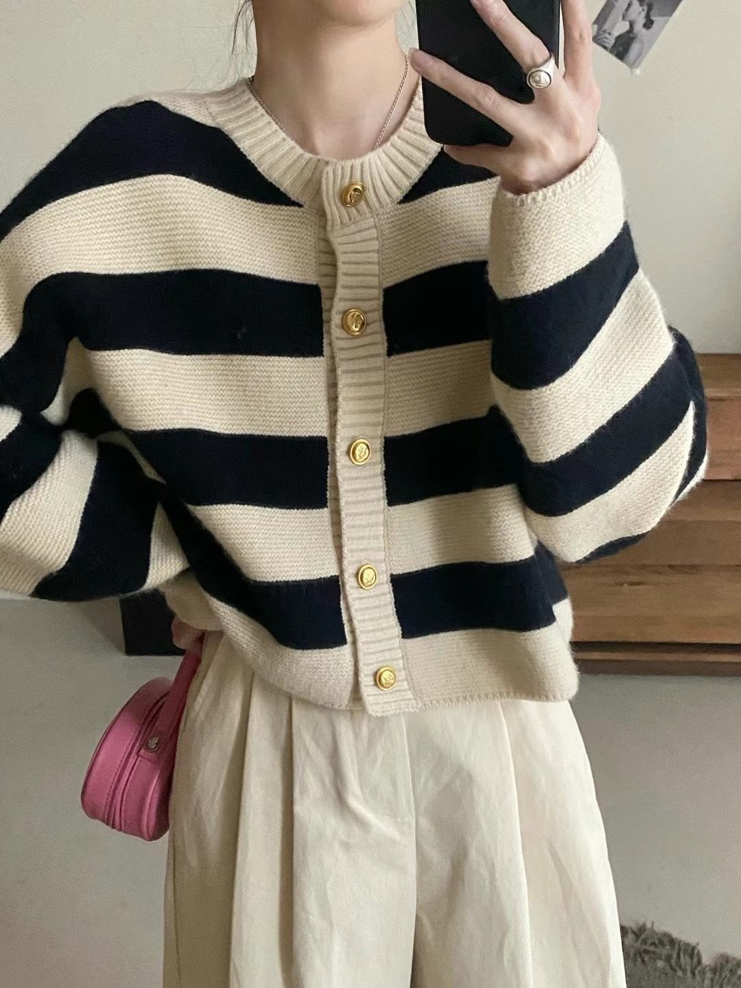 Spring and Autumn Striped Round Neck Sweater for Women