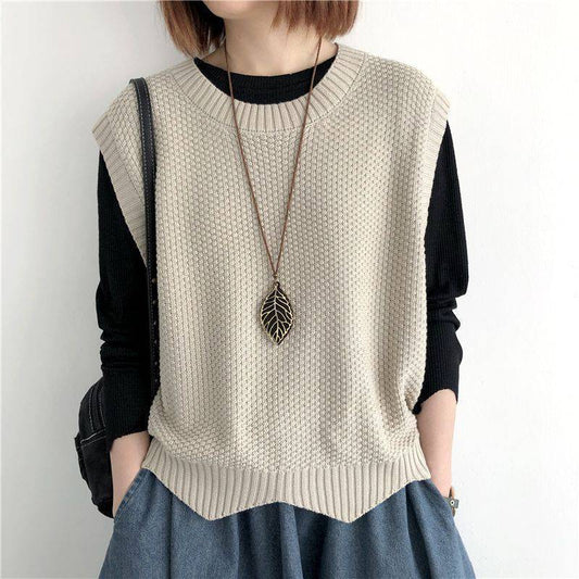 Women's Knitted Vest – Solid Color, Loose Round Neck, Irregular Pullover Short Crop Top Outerwear