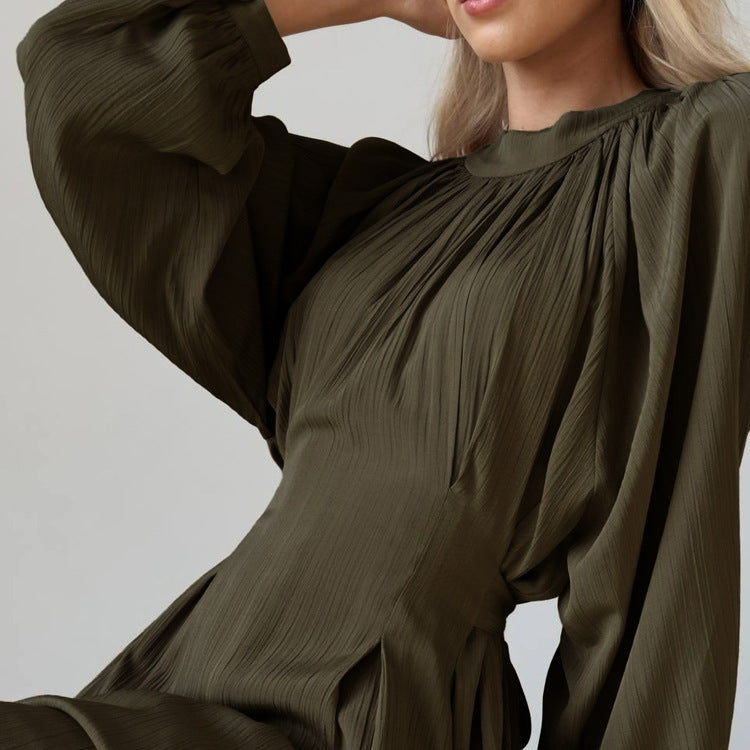 Loose Pleated Long Sleeve Round Neck Dress with Waist Trimming and Lace-Up Detail