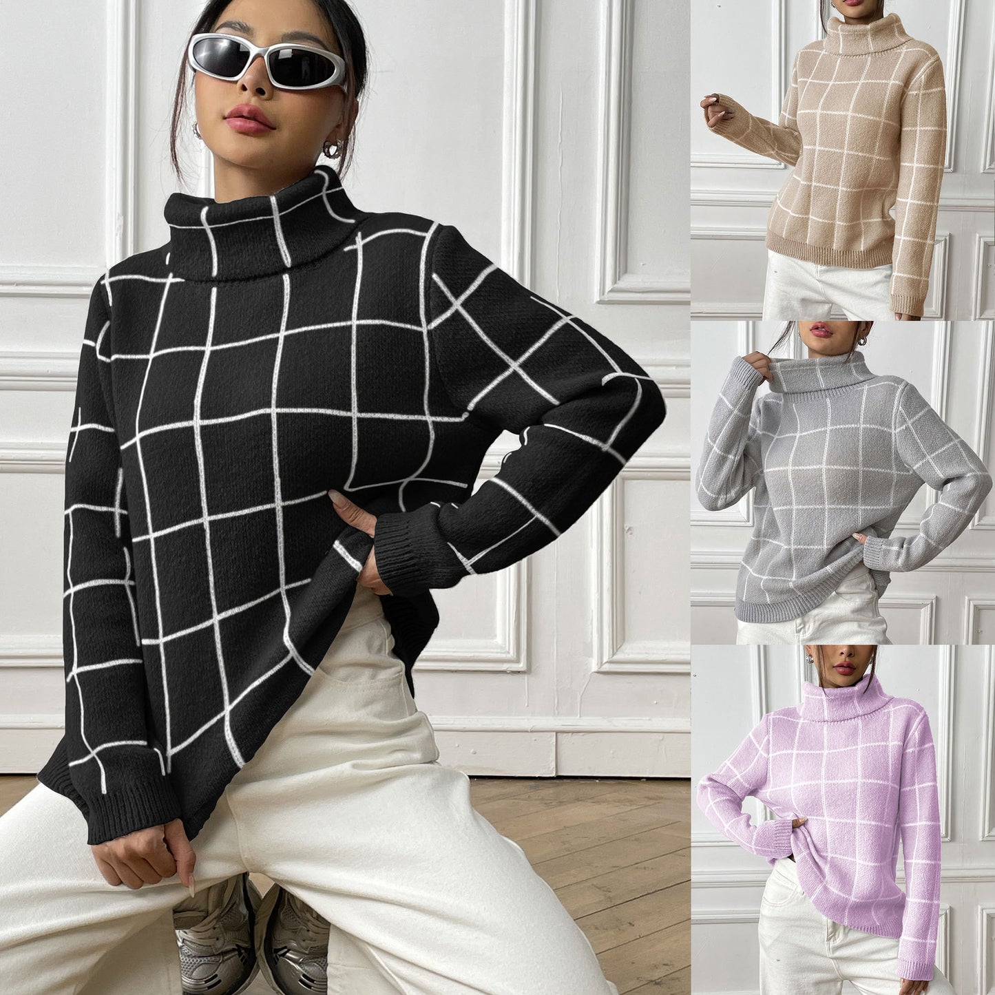 Women's Color-Contrast Checkered Turtleneck Pullover Sweater