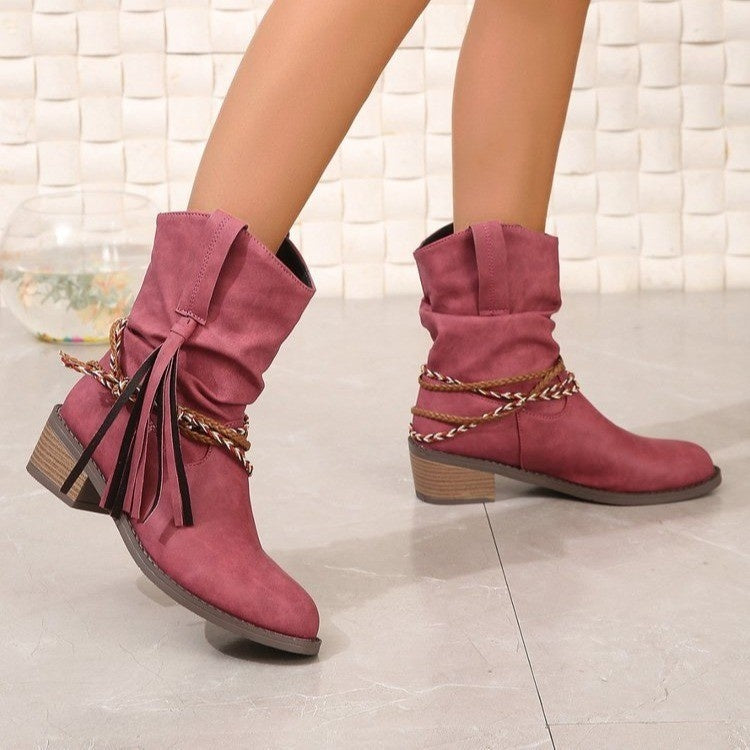 Women's Short Pleated Tassel Boots with High Heel and Mid-Calf Length for Autumn and Winter