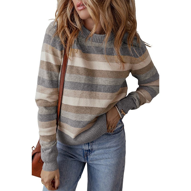 Pullover Round Neck Long Sleeve Women's Casual Color-Block Printed Sweater