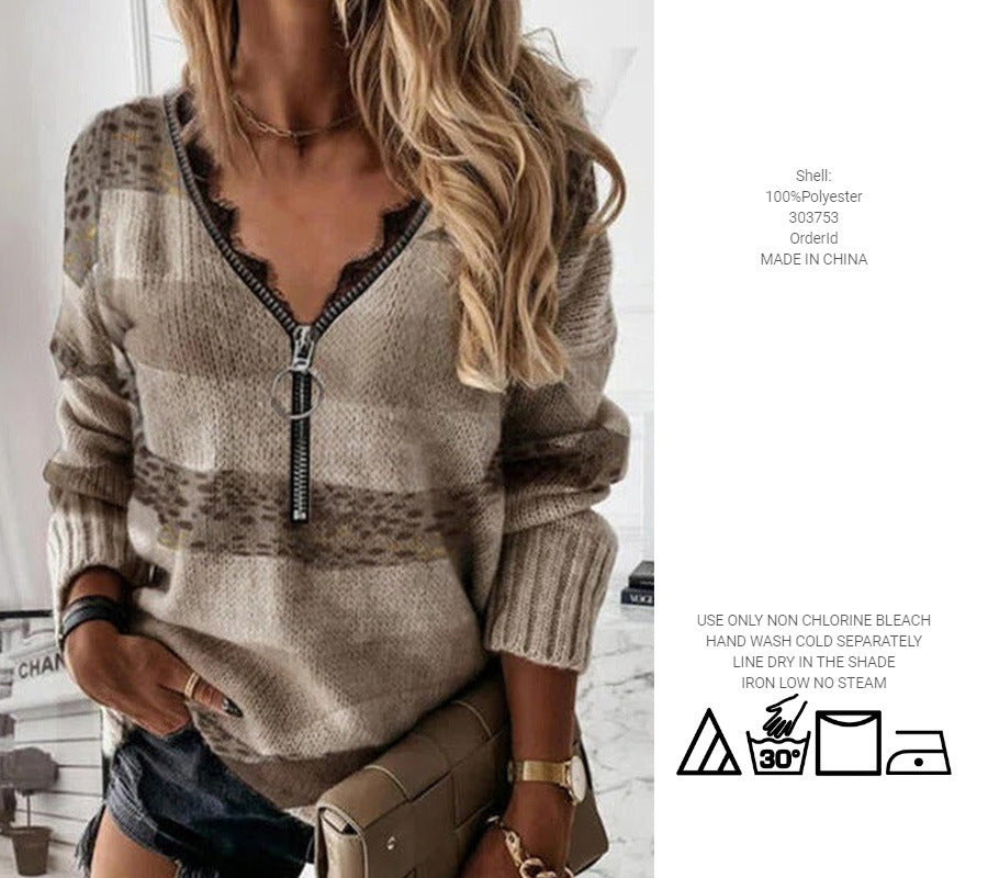 Autumn and Winter Striped Stitching Sweater Top for Women