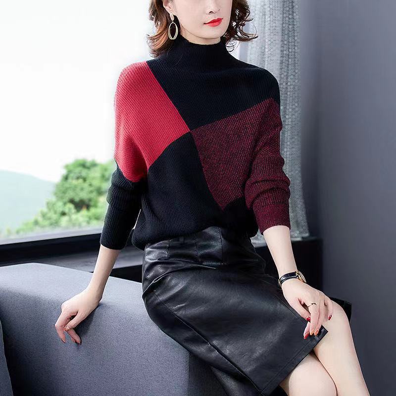 Women's Loose-Fit High Collar Color-Blocked Sweater