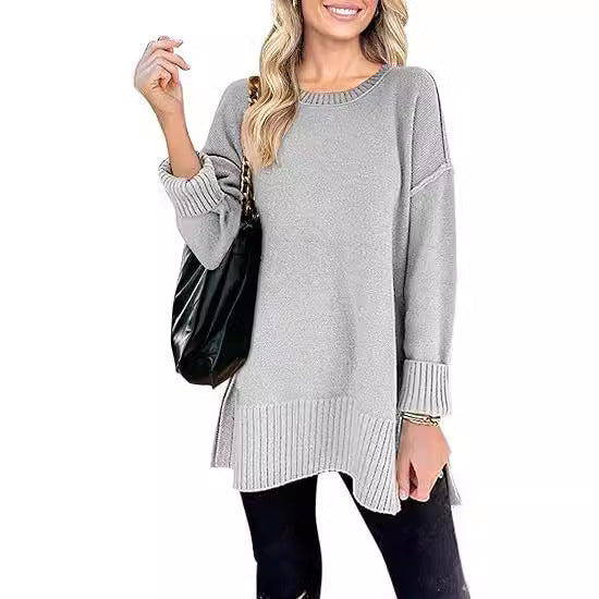 Women's Round Neck Sweater with Side Slits – Pullover Style