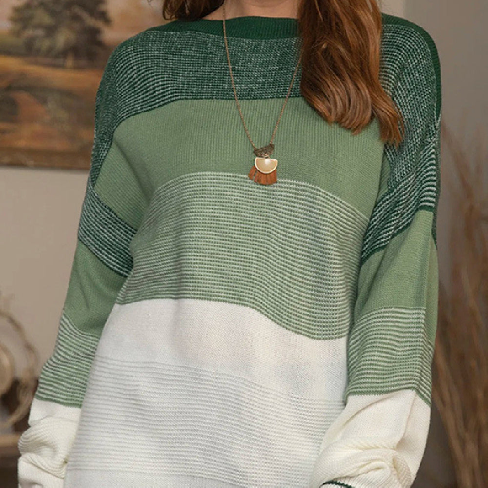 Women's Gradient Striped Color-Blocking Sweater – Loose Fit Green Knit Pullover