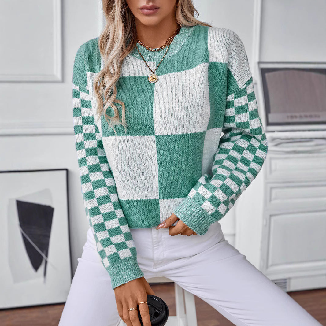 New Autumn Personality Slim Fit Color-Blocking Plaid Knitted Sweater