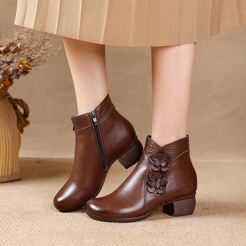 Soft Cattlehide Leather Martin Boots with Medium Chunky Heels and Floral Design