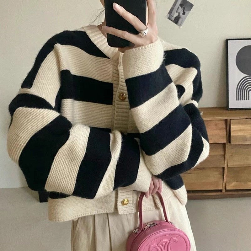 Spring and Autumn Striped Round Neck Sweater for Women