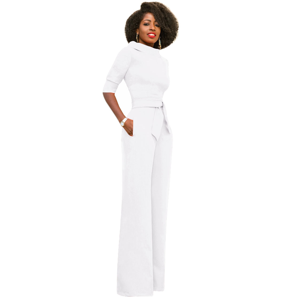 Women's Solid Color Five-Quarter Sleeve High-Waist Wide-Leg Jumpsuit