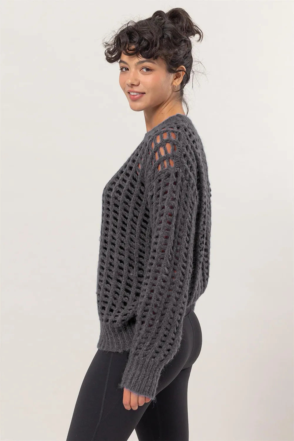 Openwork Round Neck Long Sleeve Knit Cardigan Cover-Up