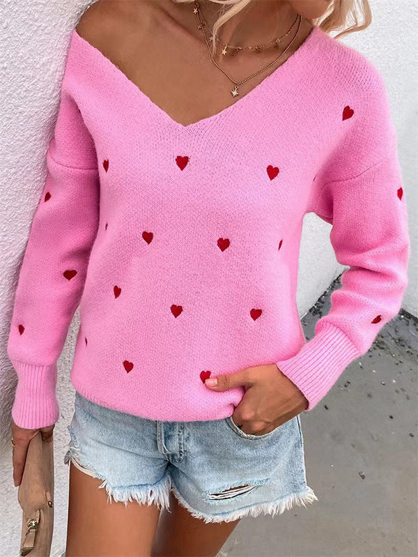 Women's Long-Sleeved Pullover Sweater - Solid Color Heart-Shaped Jacquard Knit Top