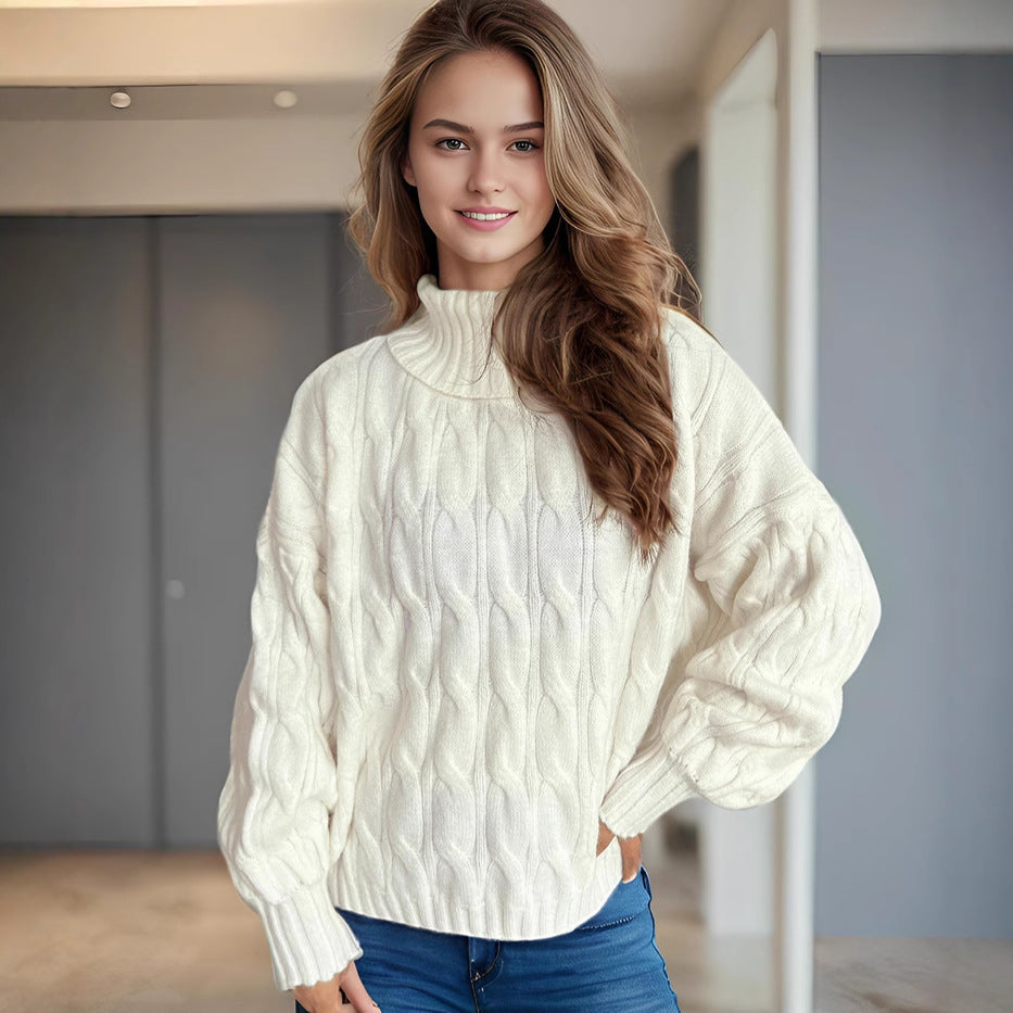 Loose Solid Color Turtleneck Pullover for Commuting