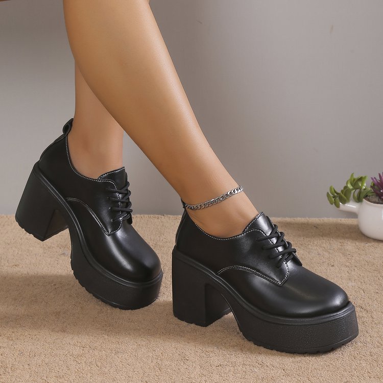 Chunky Heel Lace-Up High Heel Small Leather Shoes for Women