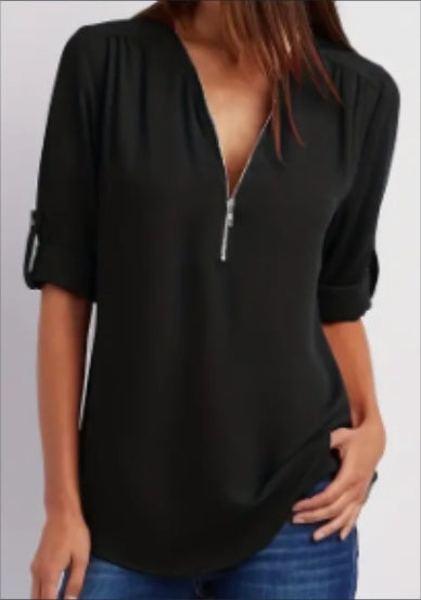 Ruched Half-Zip Solid V-Neck Casual Blouse with Rollable Sleeves for Women