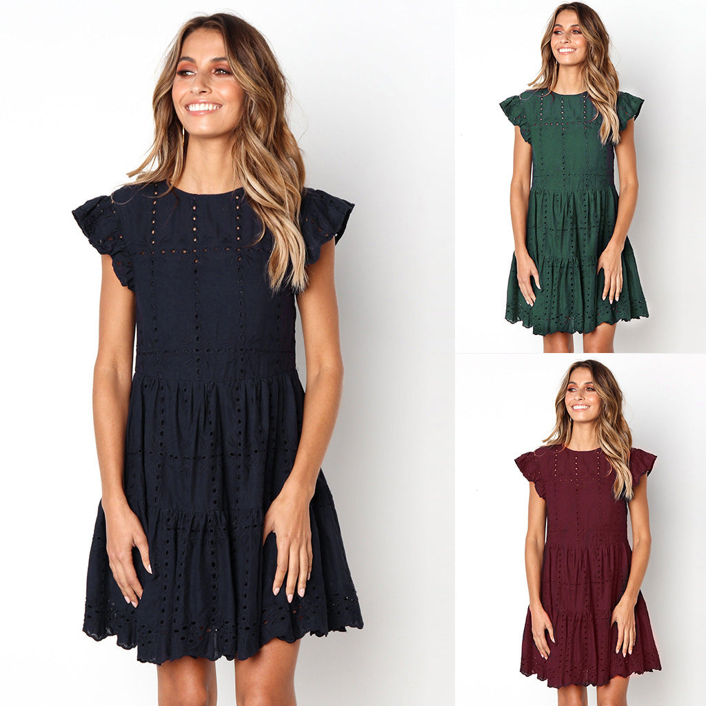 Solid color casual hollow embroidery women's dress