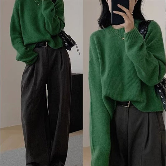 Green Raccoon Velvet Crew Neck Pullover Sweater for Women