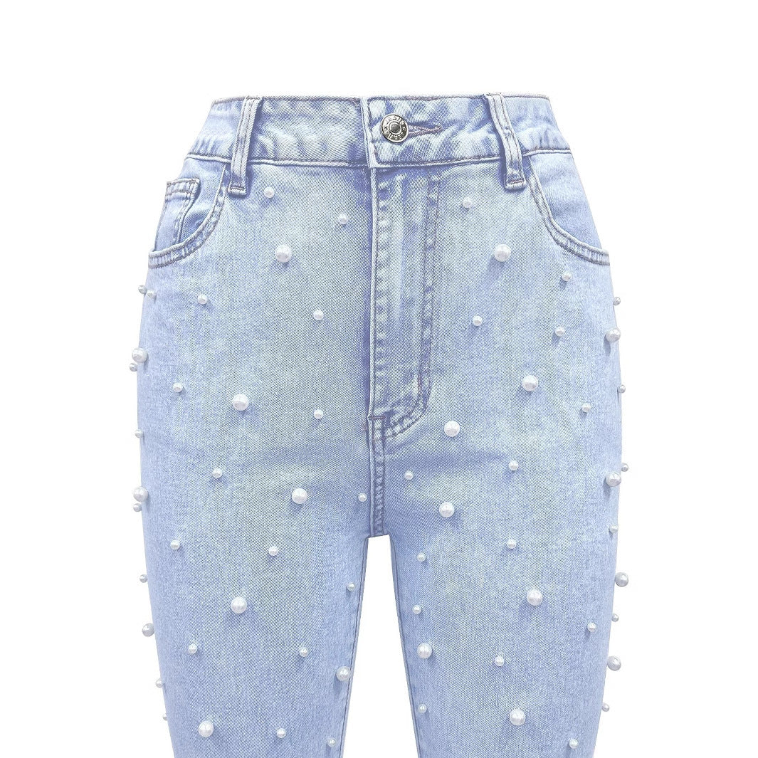 All-Match Stretch Jeans with Micro-Nail Pearl Detailing