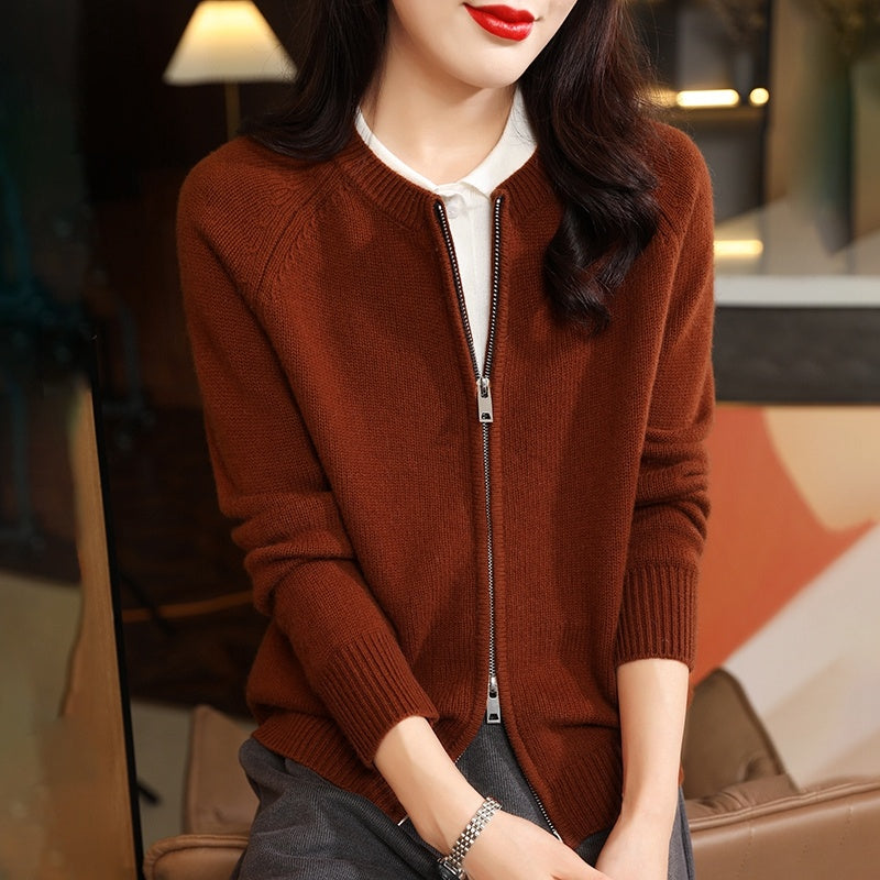 Autumn and Winter Pure Wool Cardigan for Women – Round Neck and Loose Fit