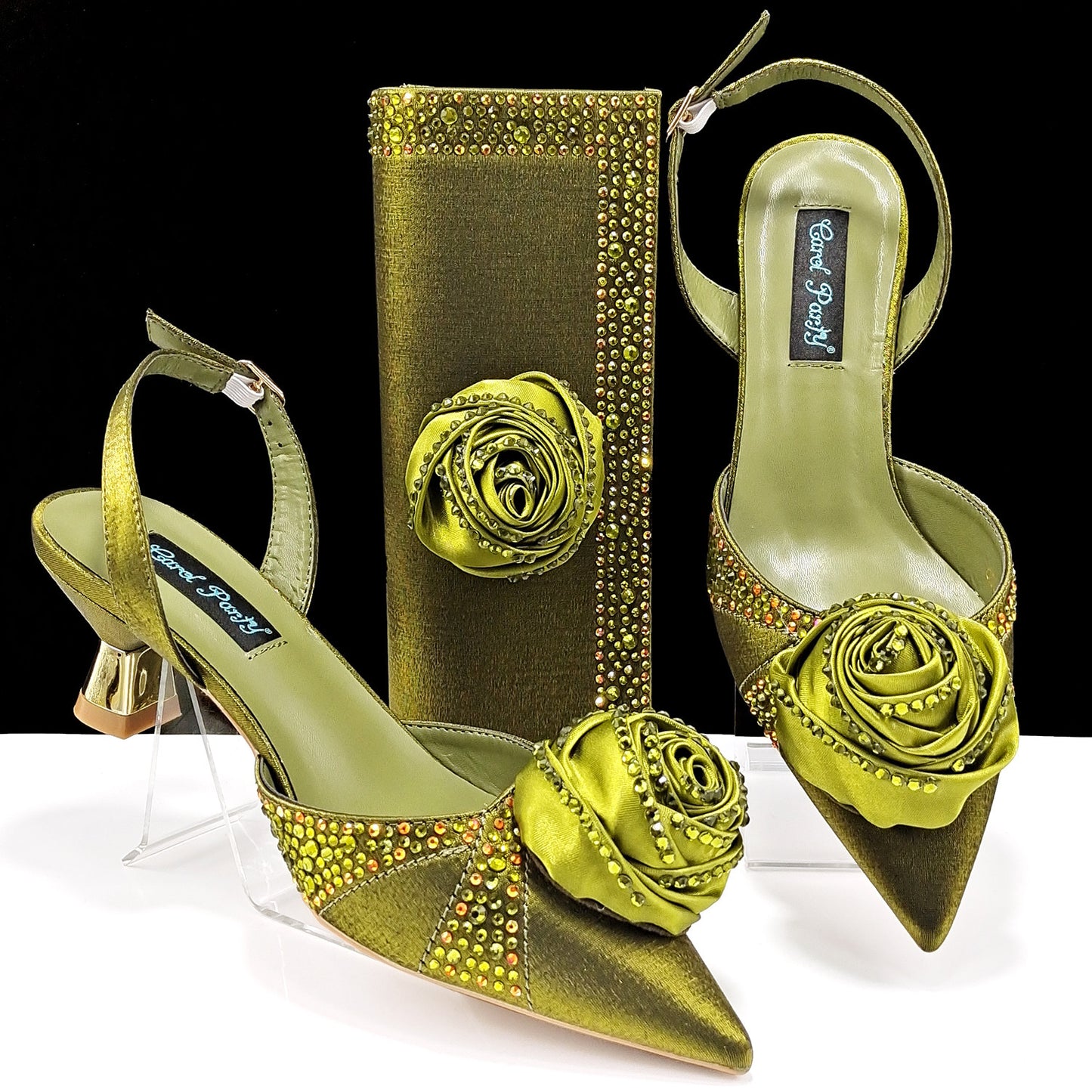 Women's Handmade Flower-Decorated Shoes and Bag Set – High-Temperature Rhinestone Satin High Heels