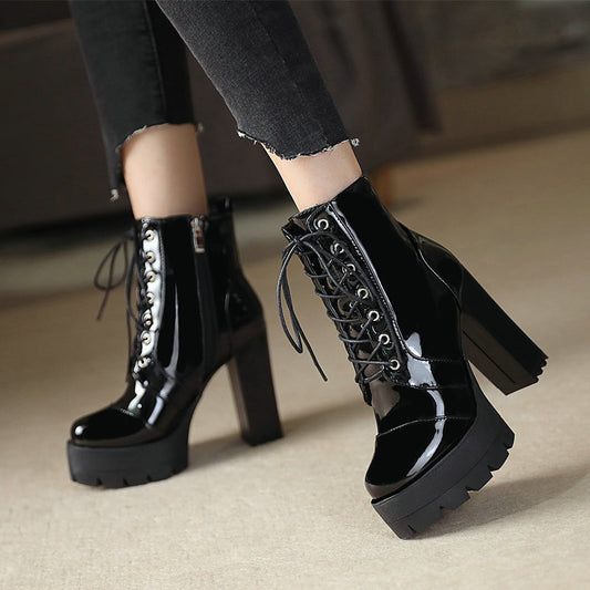 Super High-Heel Round-Toe Thick-Heel Platform Lace-Up Patent Leather Martin Boots