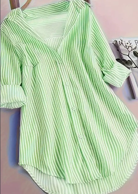 Stripe Print Button-Front Blouse – Casual Long Sleeve Top for Spring and Fall