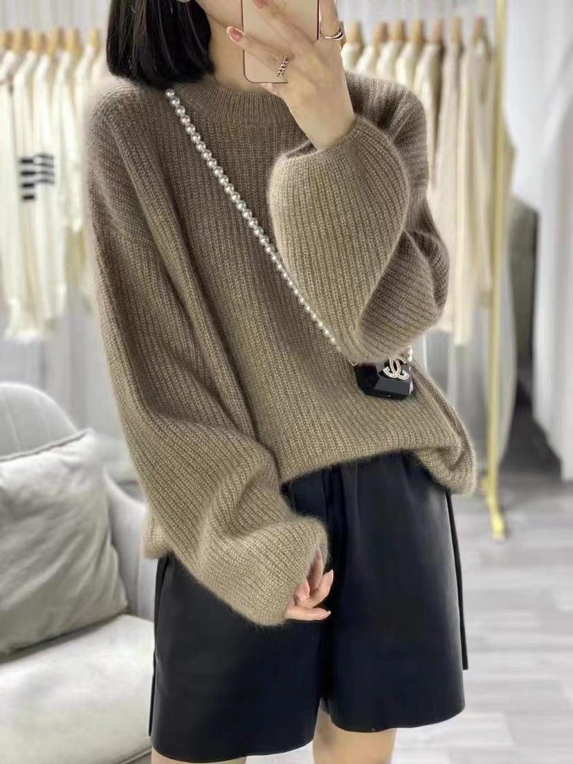 Round Neck Lantern Sleeve Knitted Sweater in Lazy Style