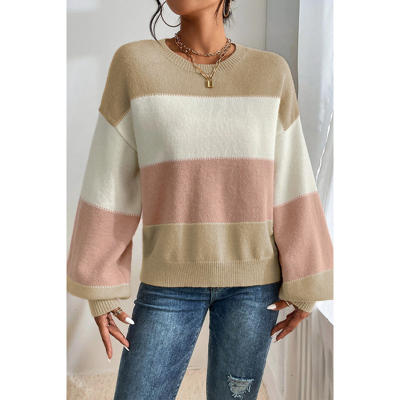 Color-Block Crew Neck Sweater – Casual Loose-Fit Lantern Sleeve Pullover for Women