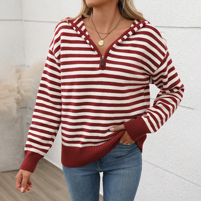 Women's V-Neck Striped Knit Pullover Sweater