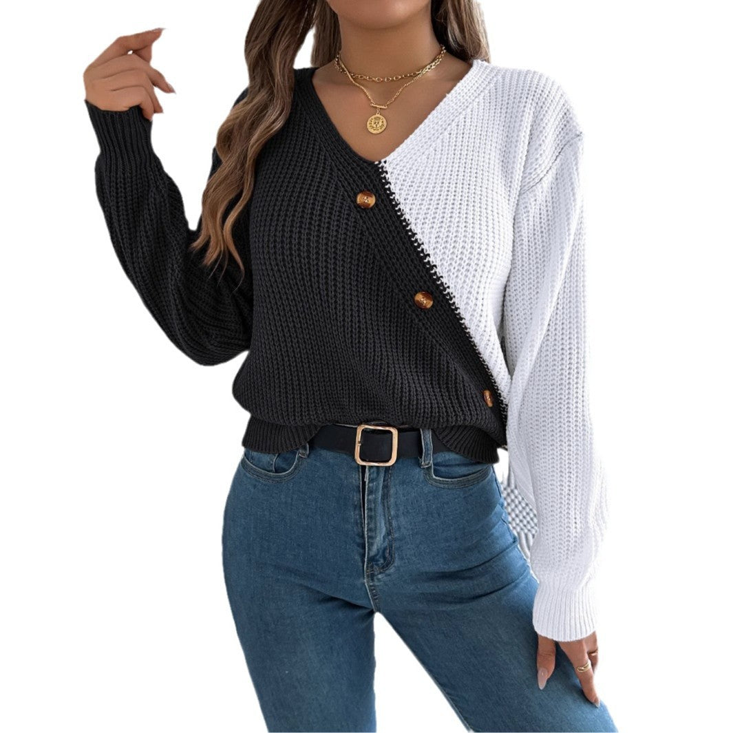 Casual V-Neck Button-Down Contrast Color Lantern Sleeve Pullover Sweater